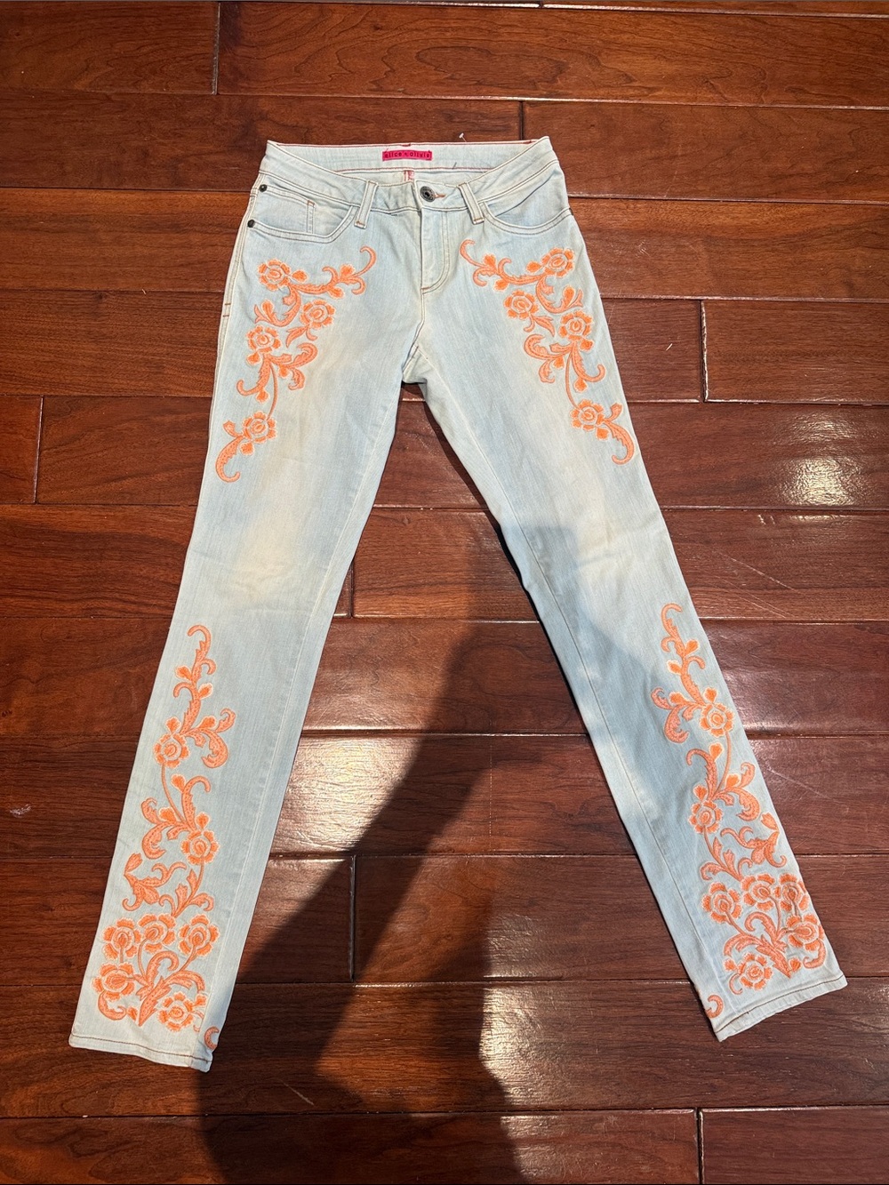 Alice + Olivia Light Blue Women's Jeans with Orange Floral Embroidery
